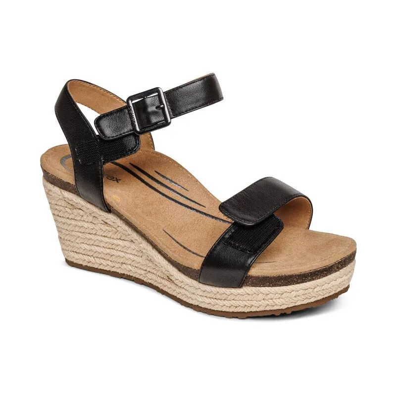 AETREX SYDNEY ESPADRILLE WEDGE BLACK LEATHER