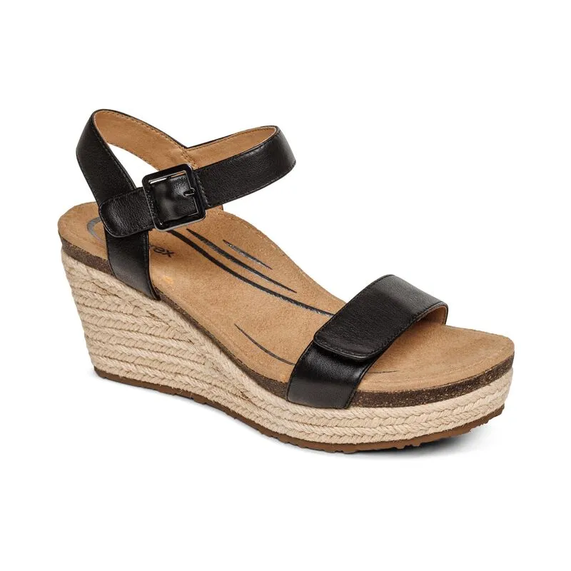 AETREX SYDNEY ESPADRILLE WEDGE BLACK LEATHER