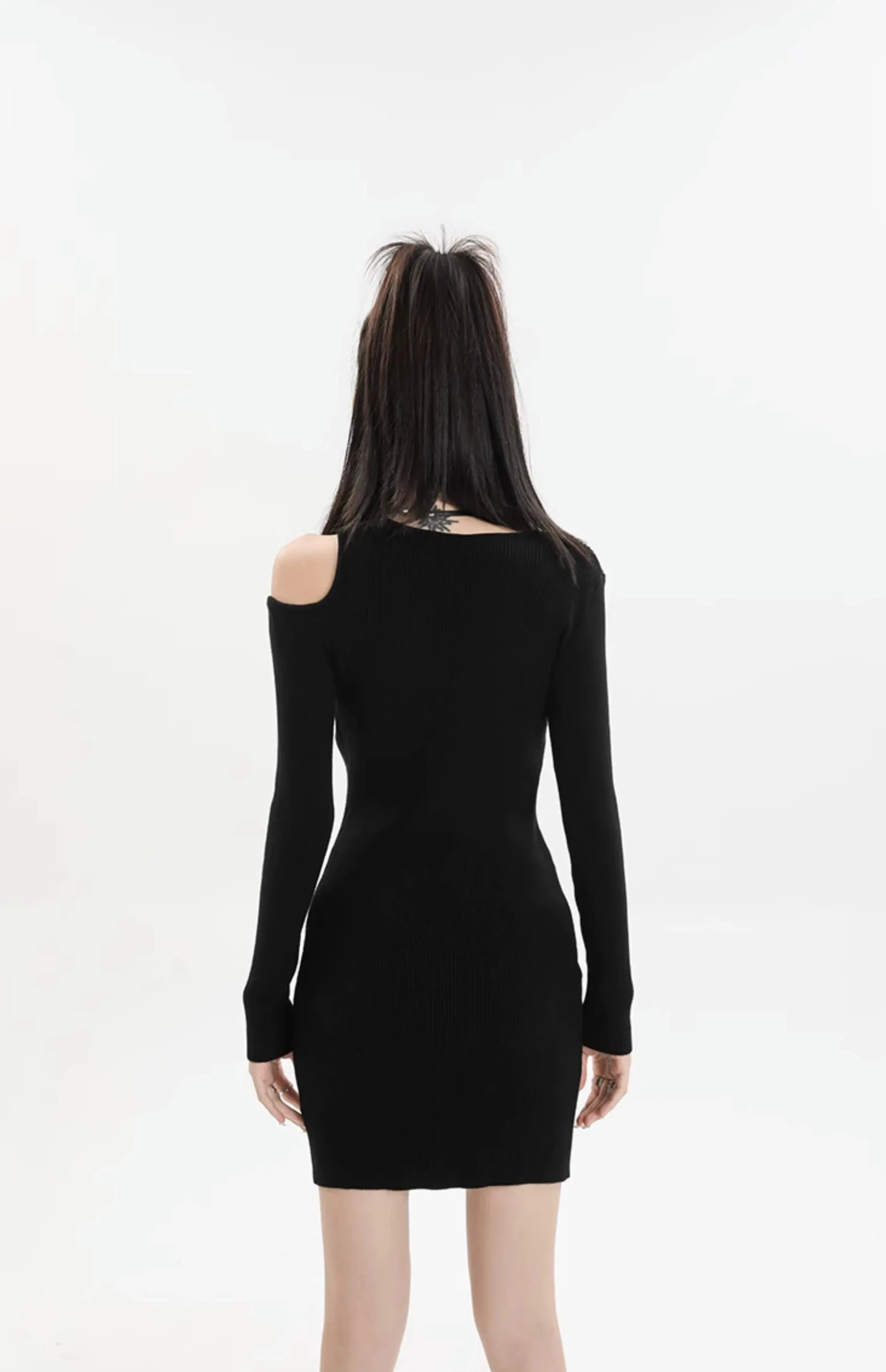 Asymmetric Collar Long Sleeve Bodycon Mini Dress