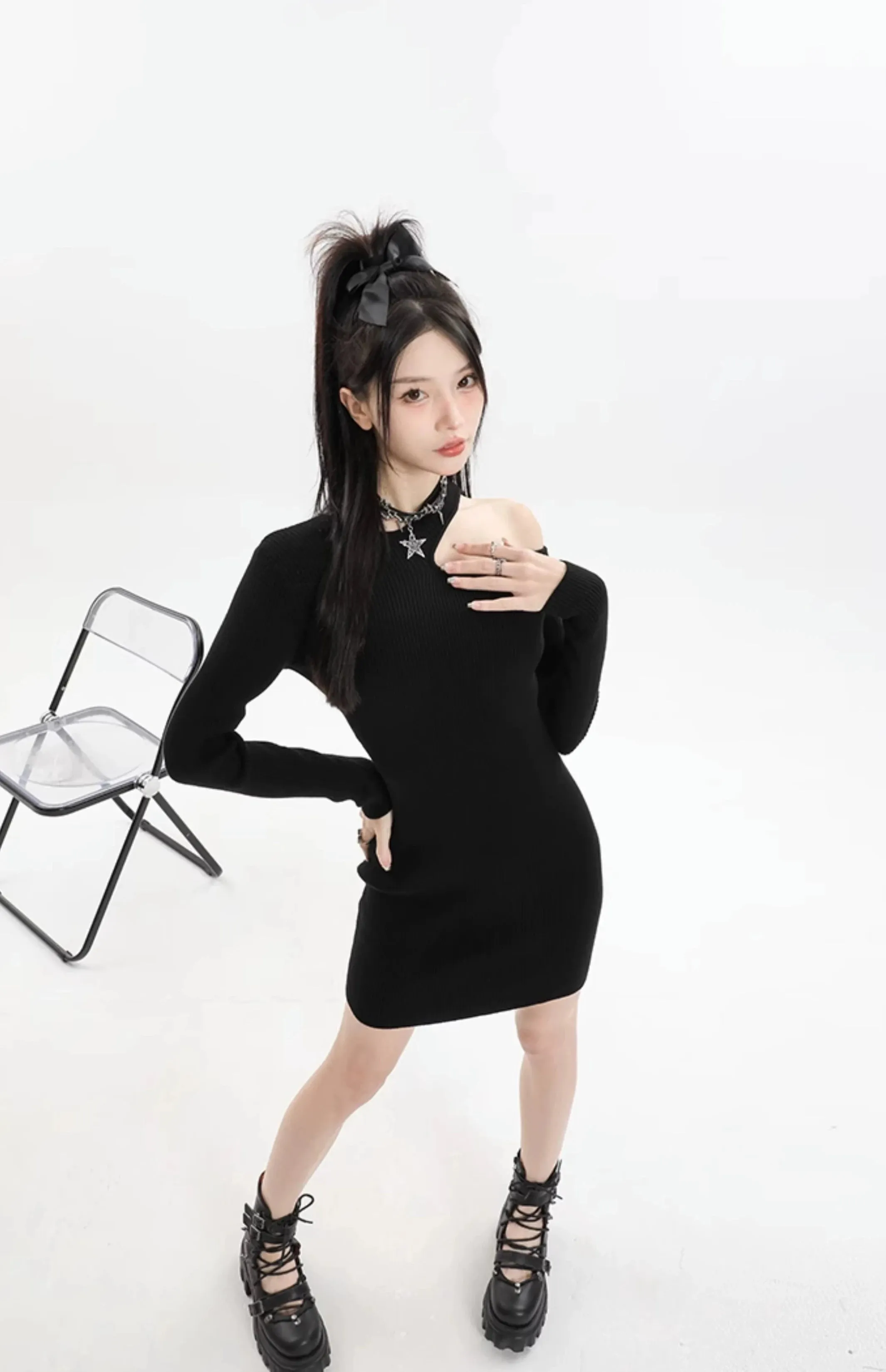 Asymmetric Collar Long Sleeve Bodycon Mini Dress