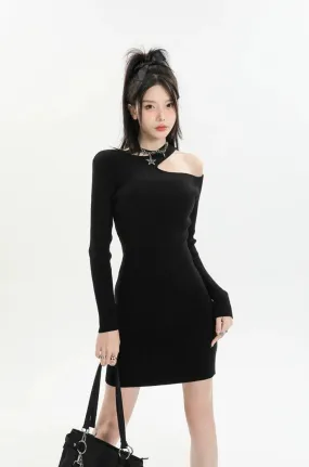 Asymmetric Collar Long Sleeve Bodycon Mini Dress