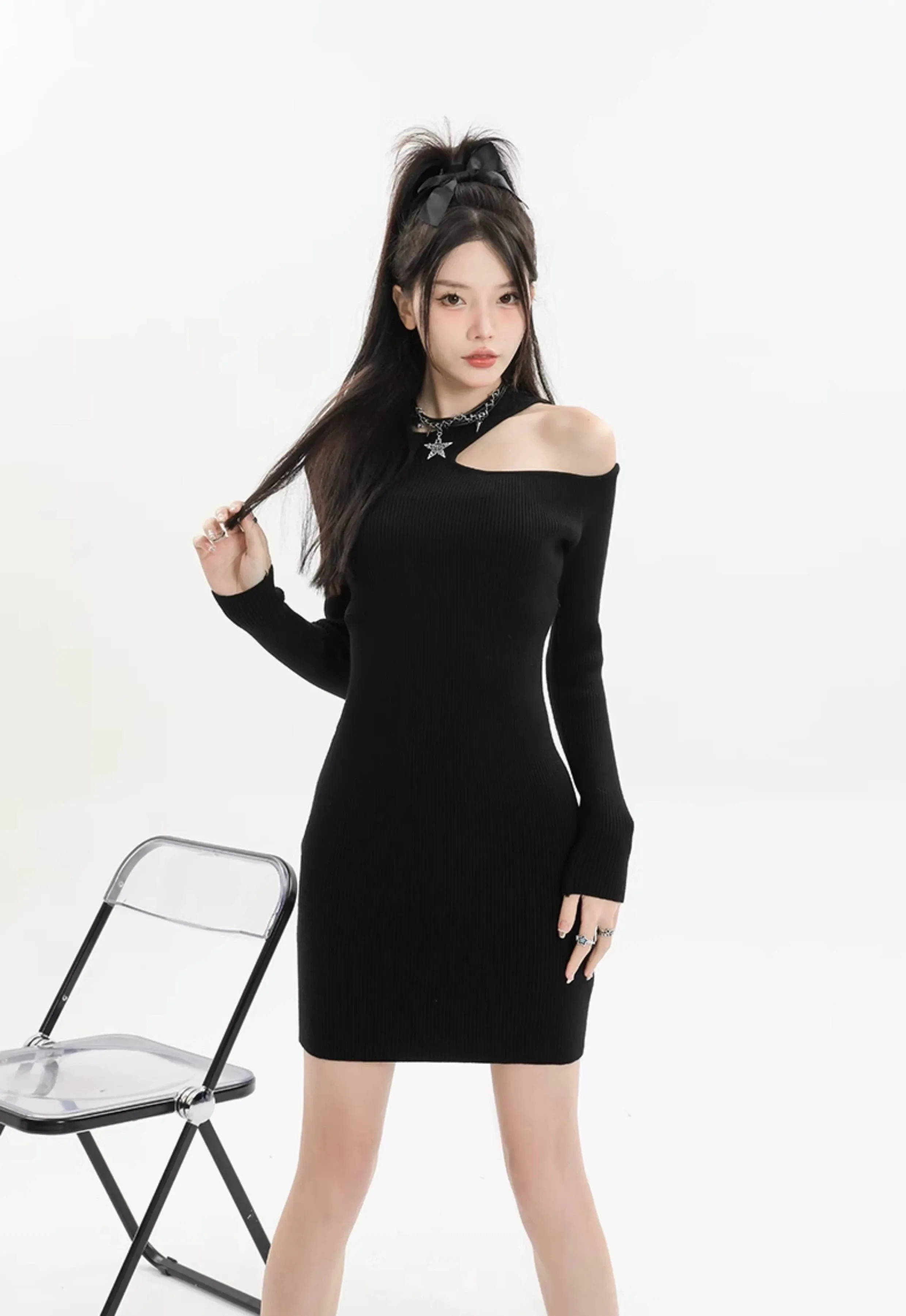 Asymmetric Collar Long Sleeve Bodycon Mini Dress