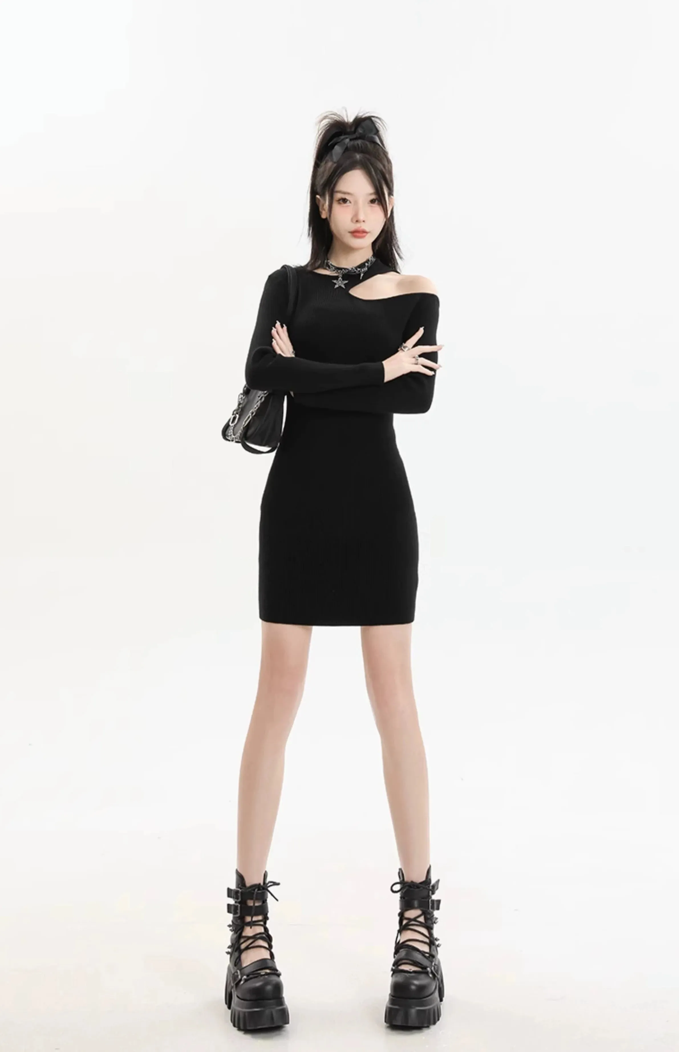 Asymmetric Collar Long Sleeve Bodycon Mini Dress