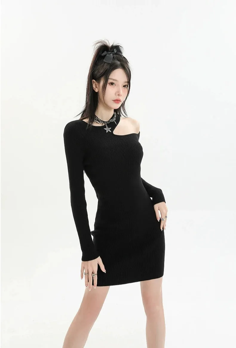 Asymmetric Collar Long Sleeve Bodycon Mini Dress