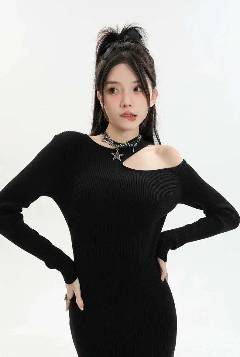 Asymmetric Collar Long Sleeve Bodycon Mini Dress