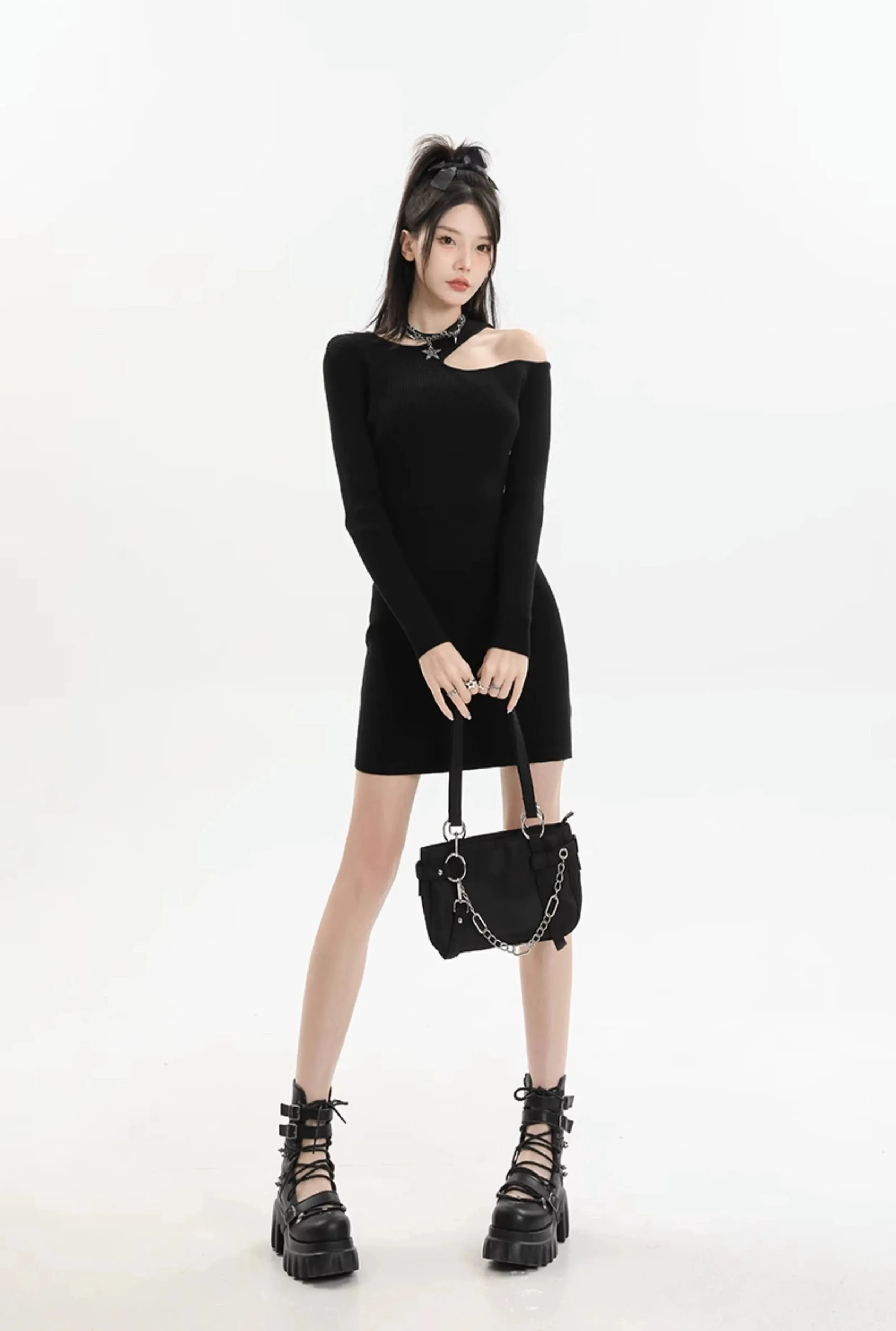 Asymmetric Collar Long Sleeve Bodycon Mini Dress