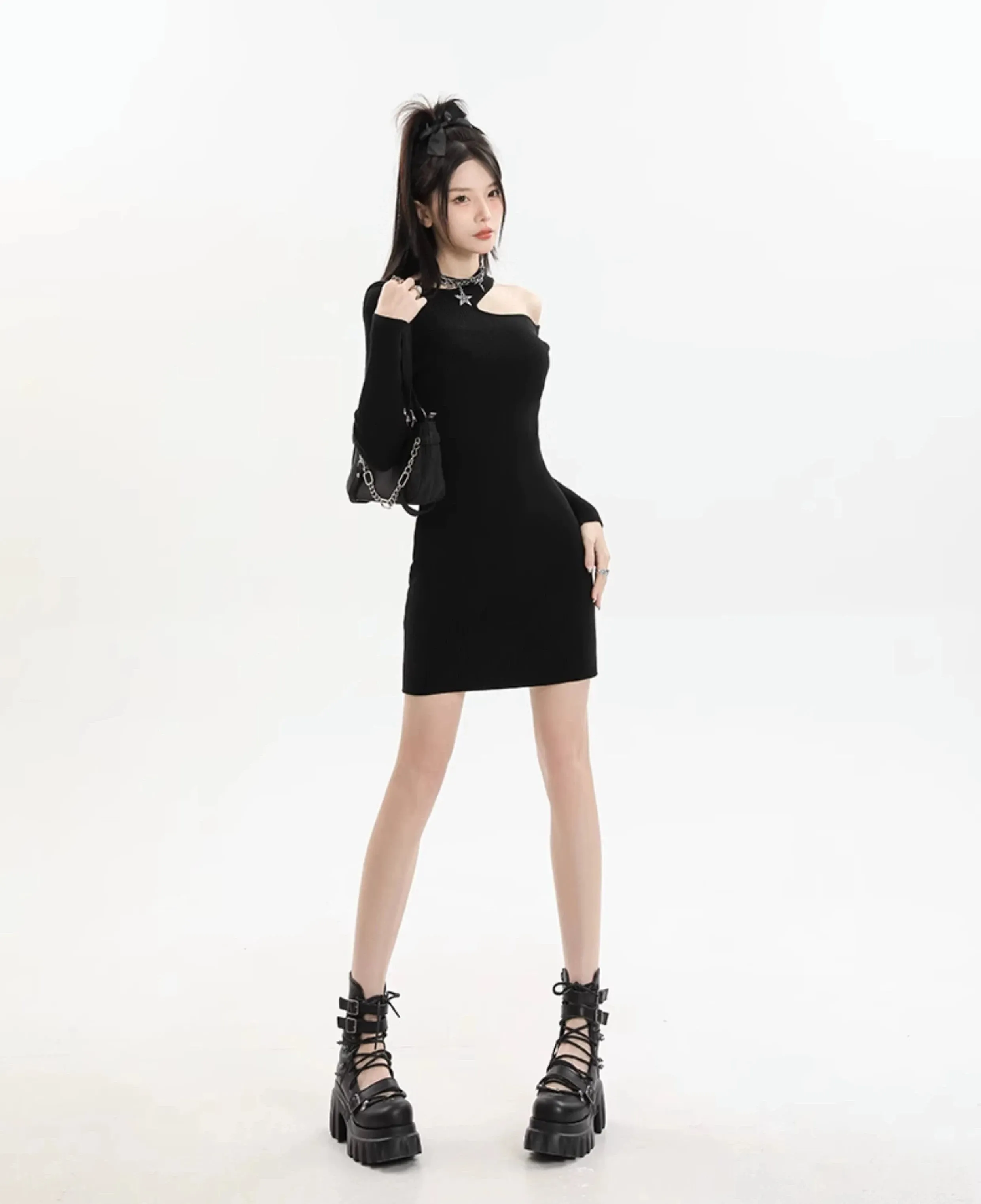 Asymmetric Collar Long Sleeve Bodycon Mini Dress