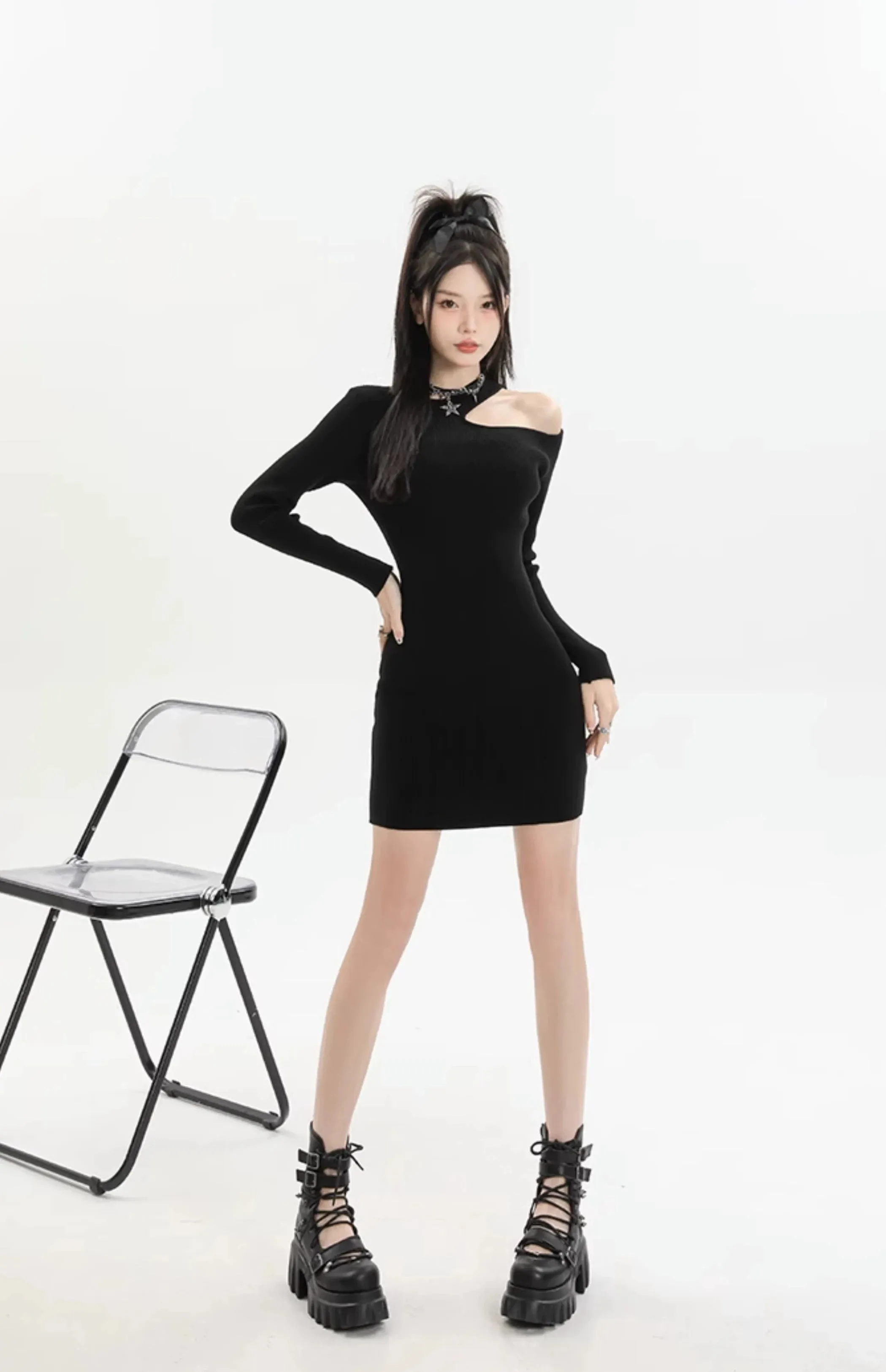 Asymmetric Collar Long Sleeve Bodycon Mini Dress