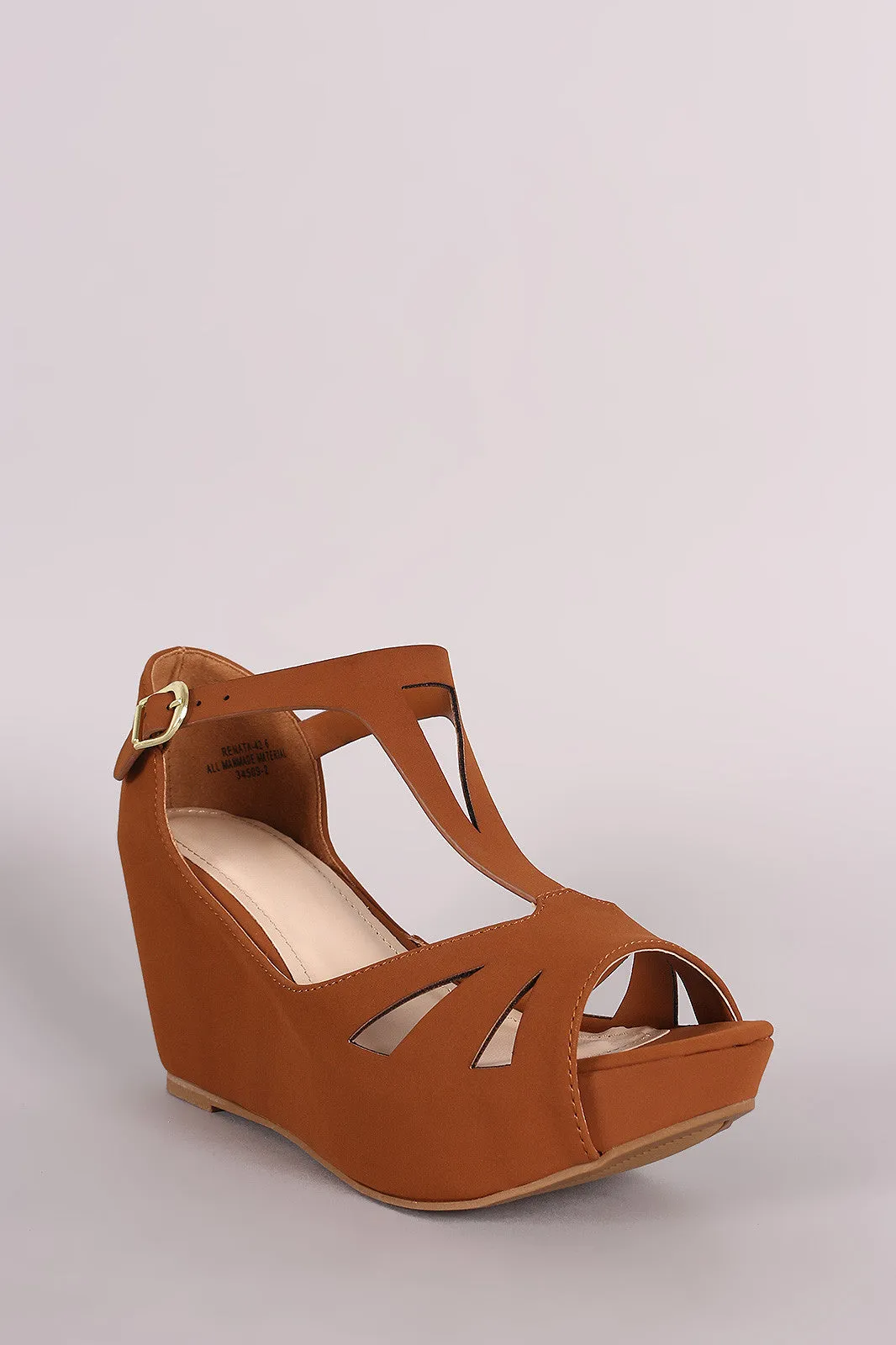 Bamboo Nubuck Buckle Cut Out Open Toe Platform Wedge