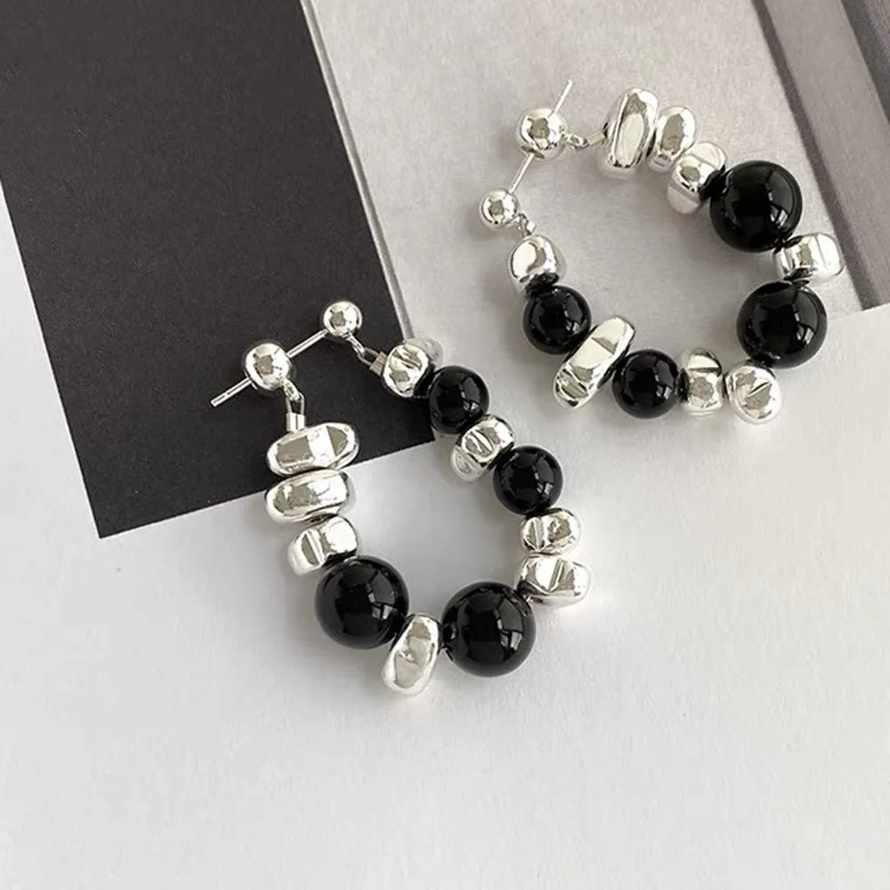 Black Beads & Silver Metal Dangle Multi Color Hoop Earrings  JLT12699