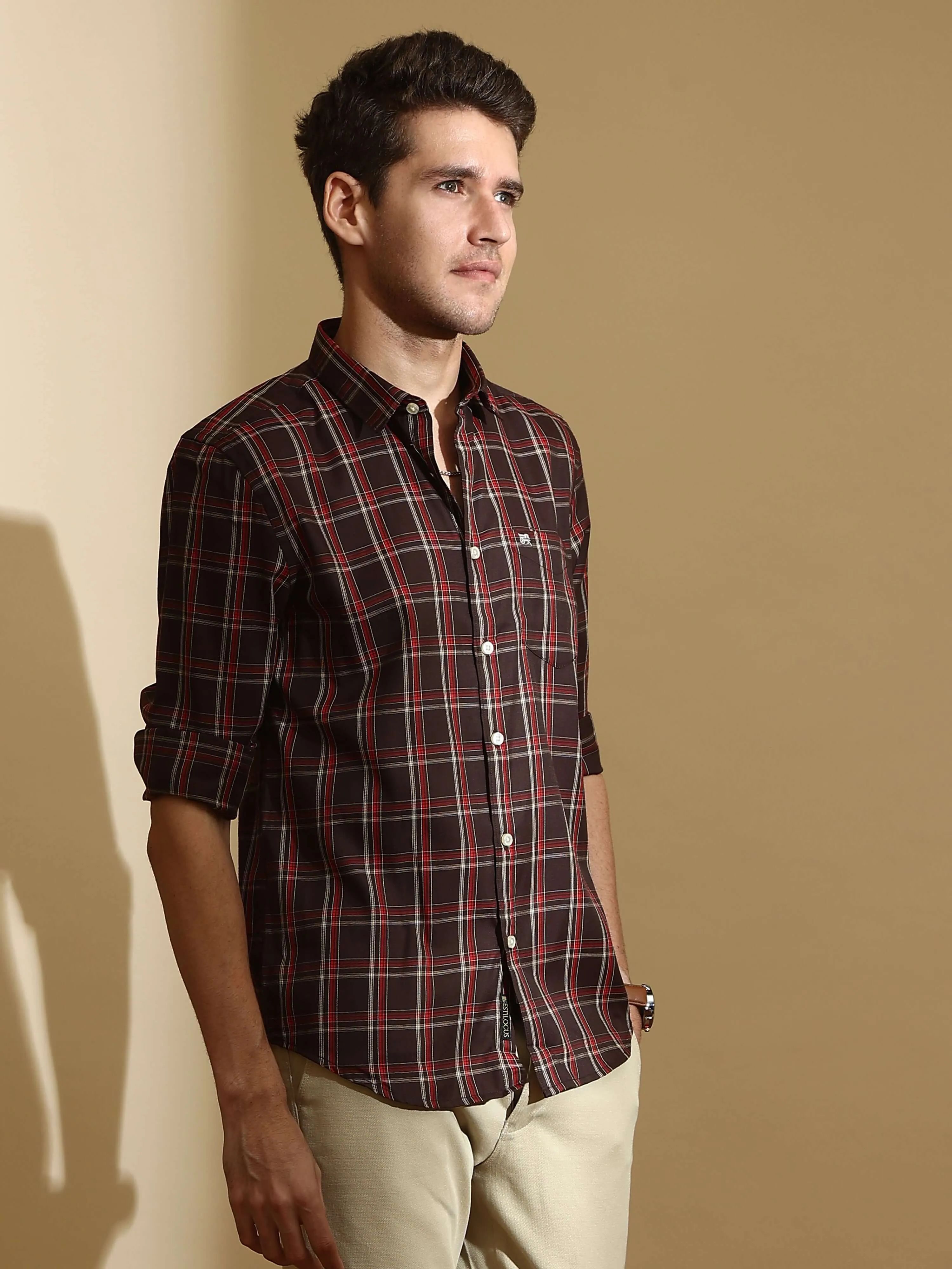 Brown casual check full sleeve shirt