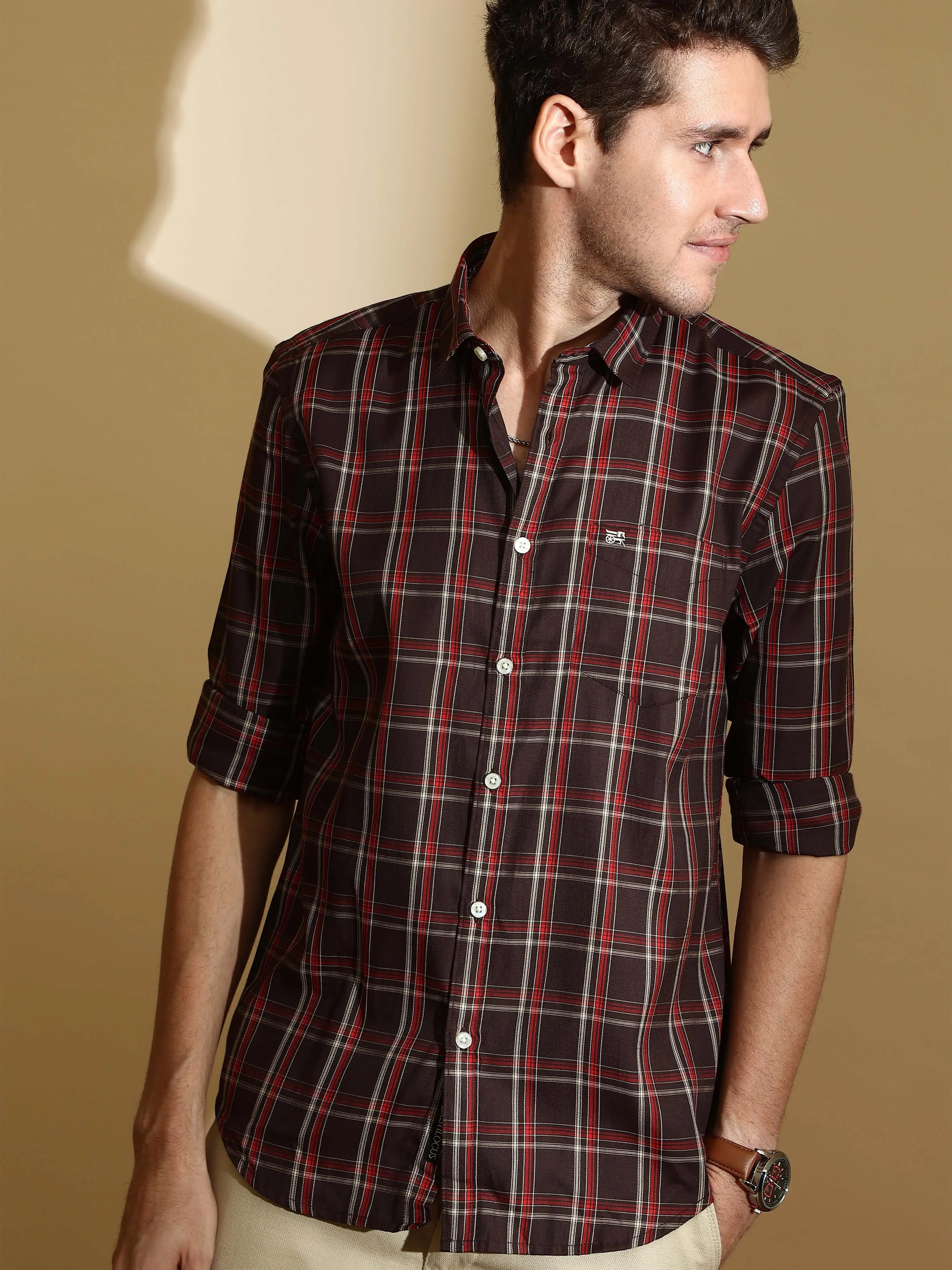 Brown casual check full sleeve shirt