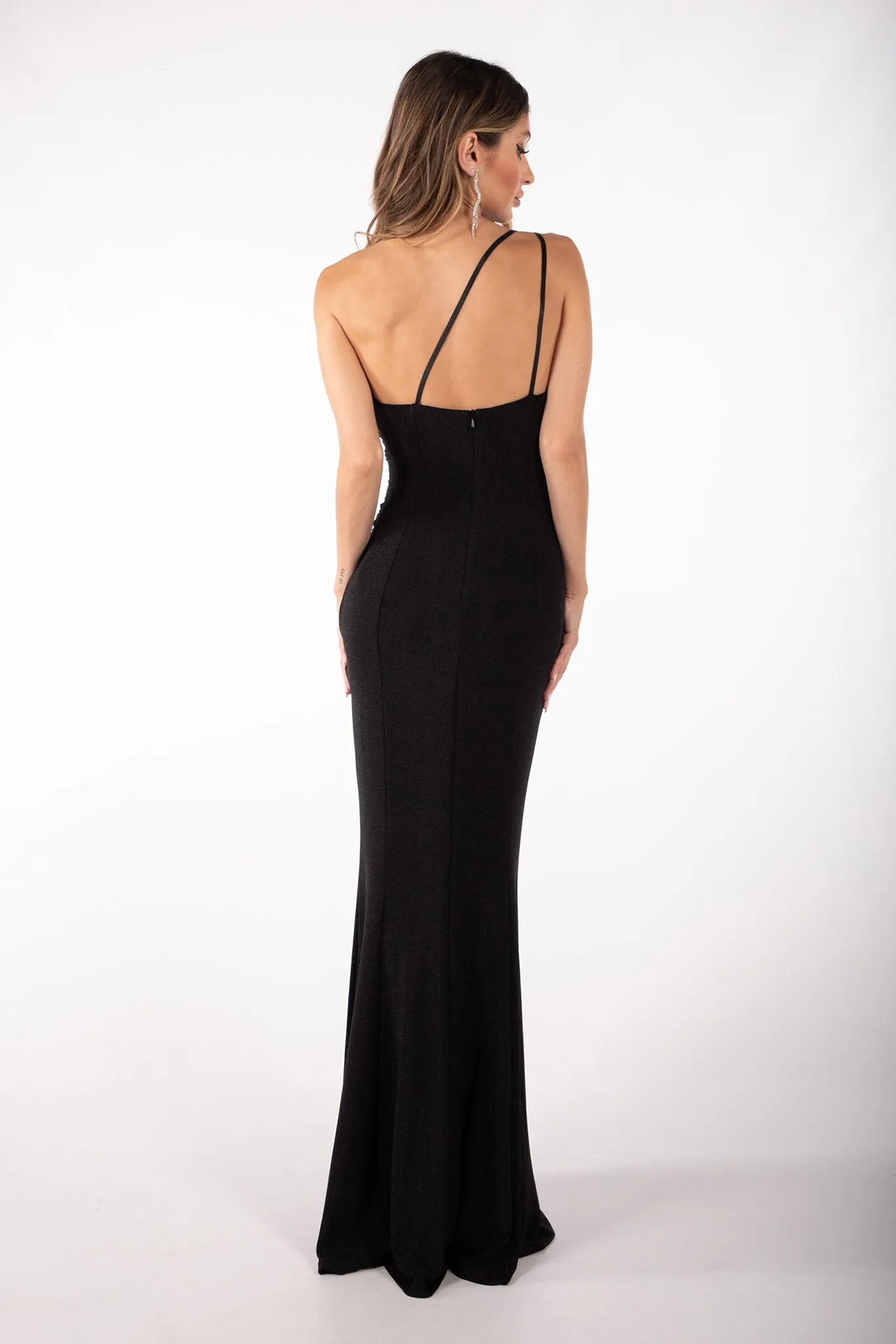 CALI One Shoulder Maxi Dress - Shimmer Black