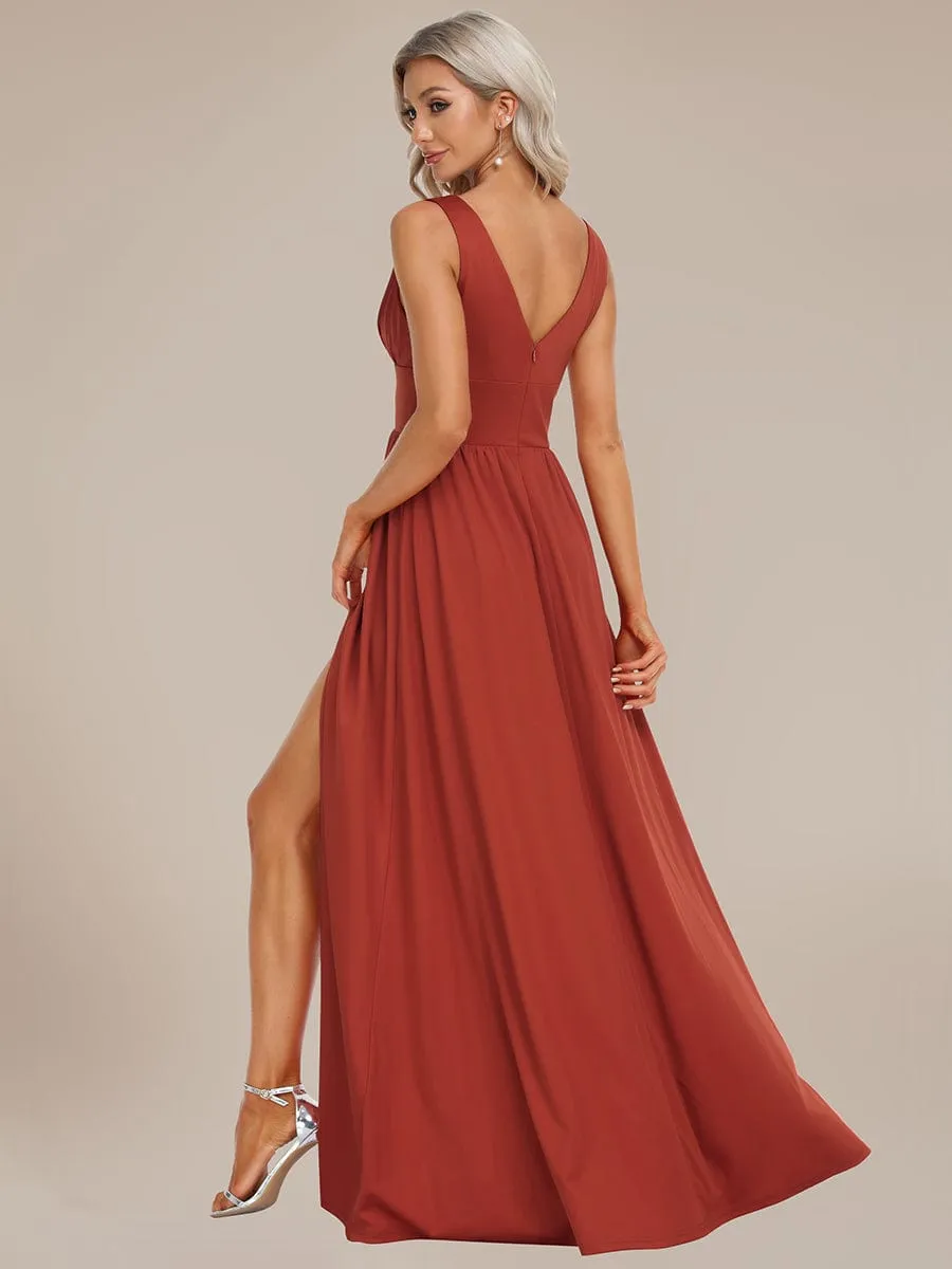 Chiffon High Slit Sleeveless V-Neck Empire Waist Formal Evening Dress