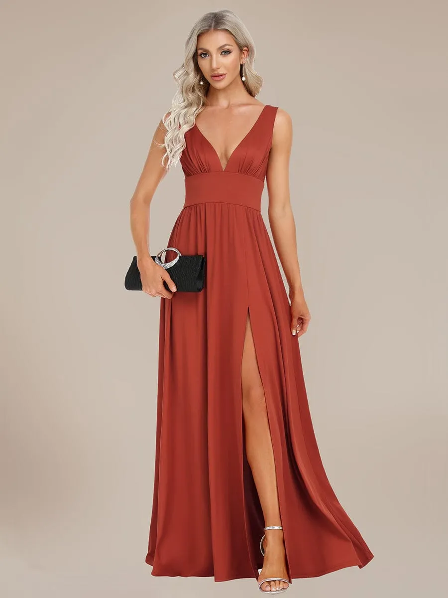 Chiffon High Slit Sleeveless V-Neck Empire Waist Formal Evening Dress