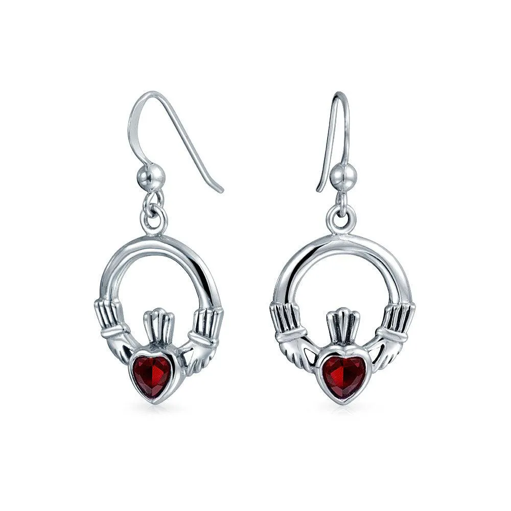 Claddagh Celtic Red Green Heart Dangle Earrings Imitation Garnet Emerald .925 Silver