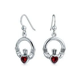 Claddagh Celtic Red Green Heart Dangle Earrings Imitation Garnet Emerald .925 Silver