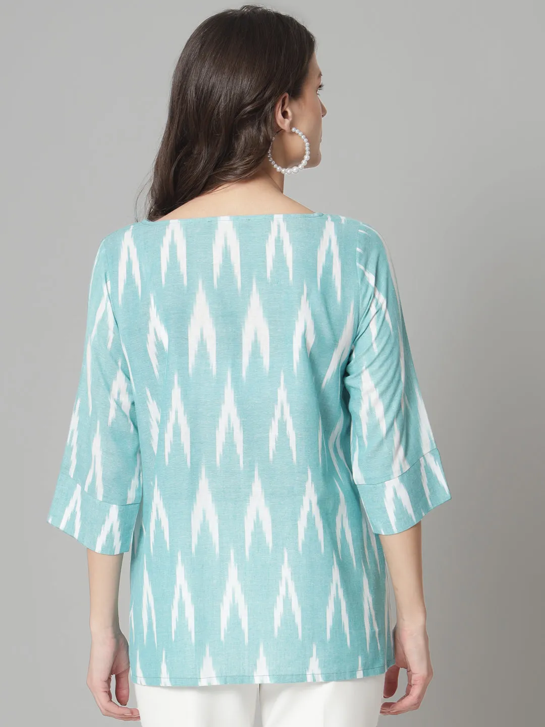 Cotton Ikat Print  Loose Fit Top- Green