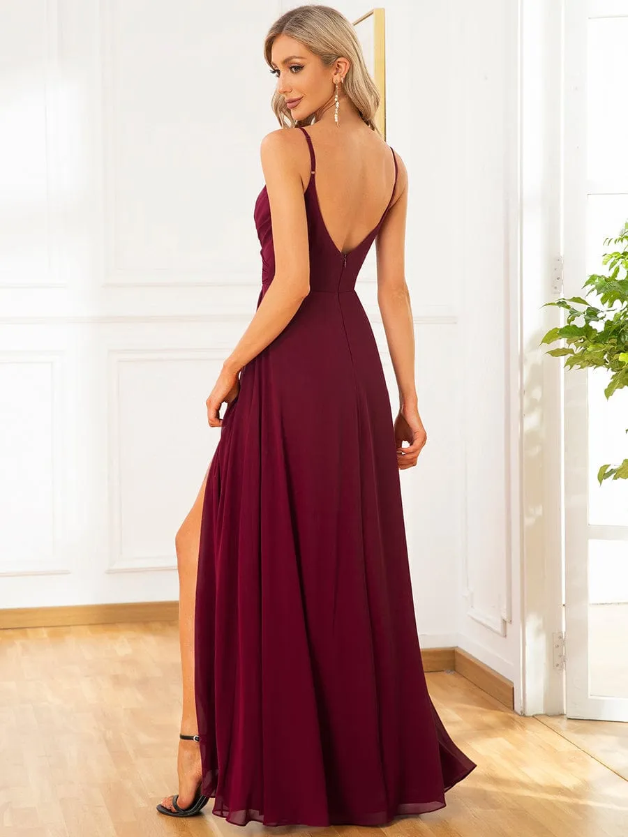 Custom Size Pleated V-Neck Spaghetti Strap High Slit Bridesmaid Dress