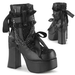 Demonia CHARADE-110 | Blk Vegan Leather & Lace Cover Ankle Boots