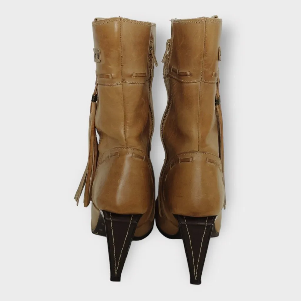 Diesel Tan Leather Tassel Heeled Boots