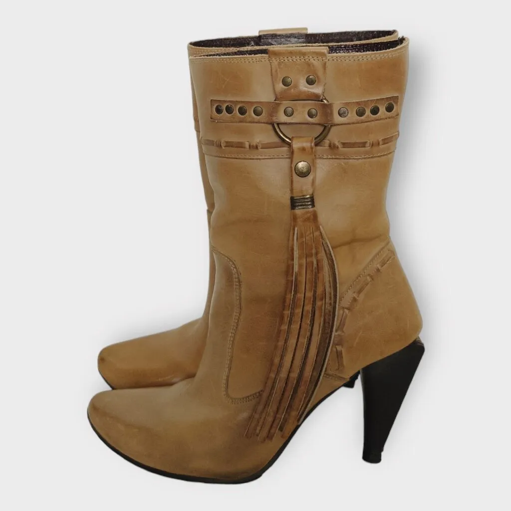 Diesel Tan Leather Tassel Heeled Boots