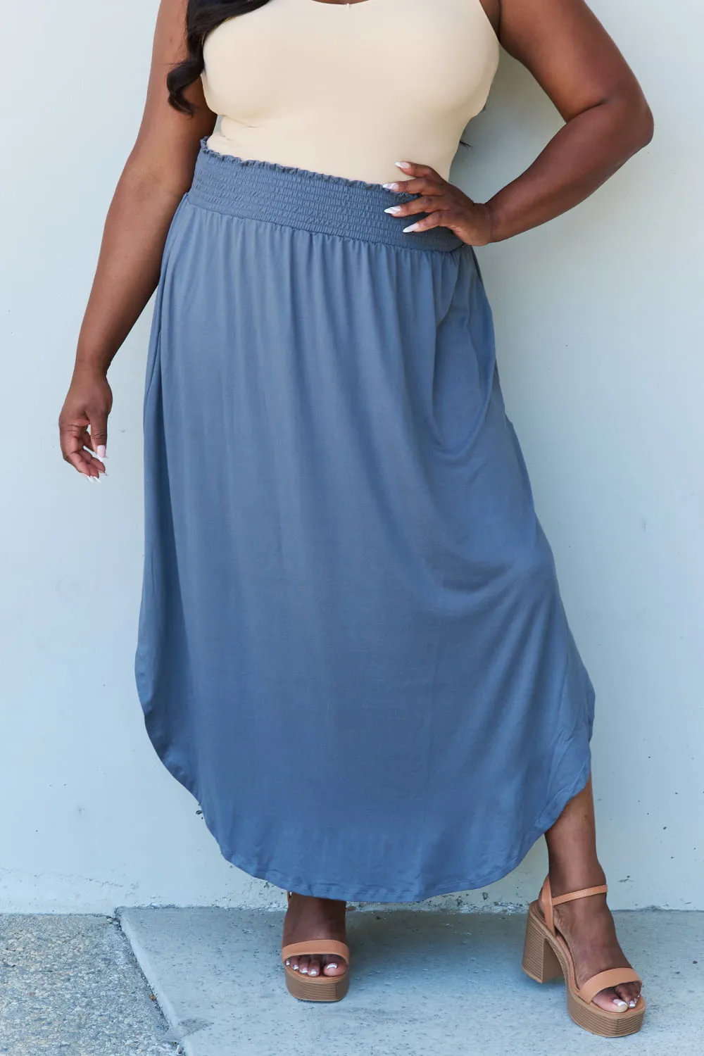 Doublju Comfort Princess Full Size High Waist Scoop Hem Maxi Skirt in Dusty Blue