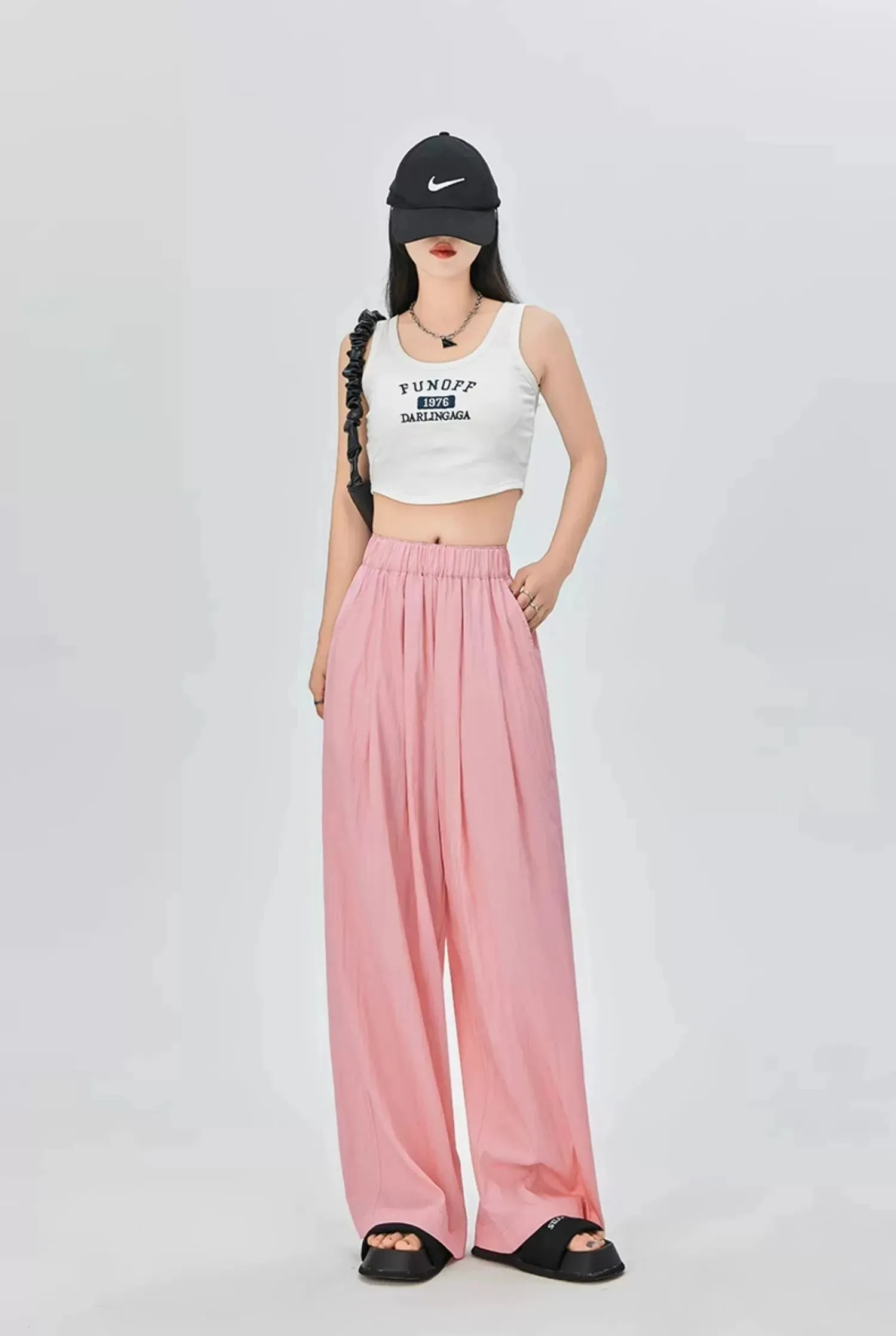 Elastic Waist Pleated Trousers with Pockets