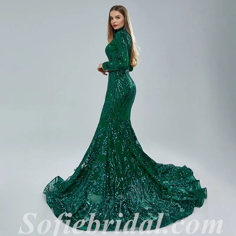 Elegant Dark Green Special Fabric Long Sleeve High Neck Mermaid Long Prom Dresses,SFPD0341