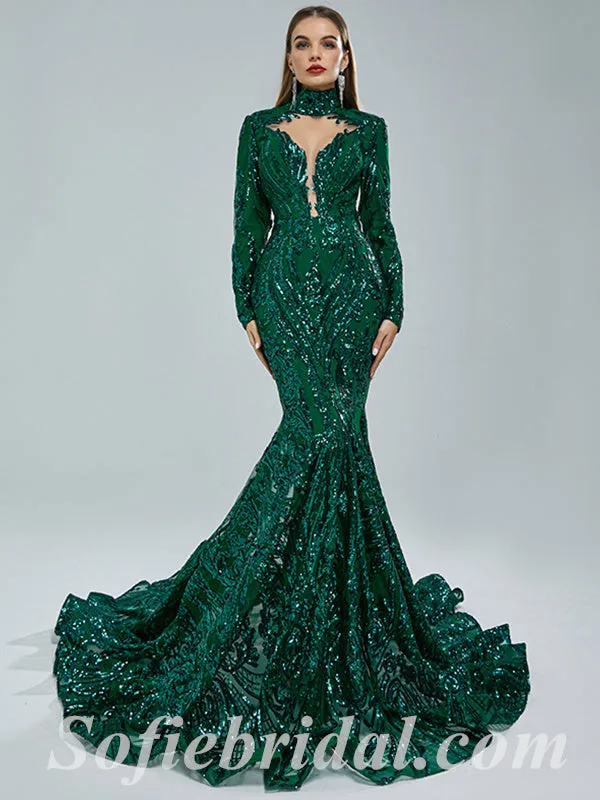 Elegant Dark Green Special Fabric Long Sleeve High Neck Mermaid Long Prom Dresses,SFPD0341