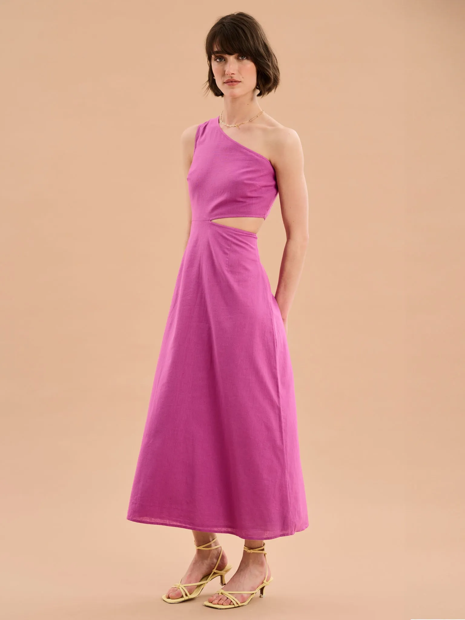 Evaline One Shoulder Dress in Magenta