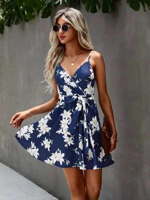 Floral Print Surplice Trendy Front Belted Cami Dress