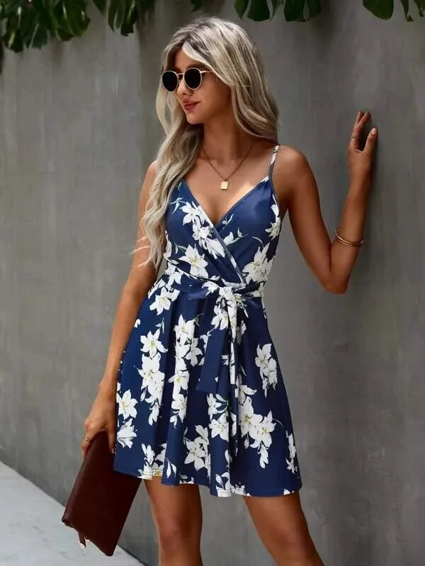 Floral Print Surplice Trendy Front Belted Cami Dress