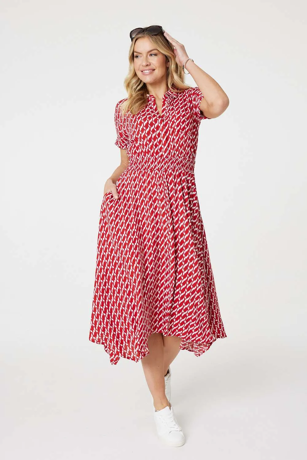 Geo Print Hanky Hem Midi Dress