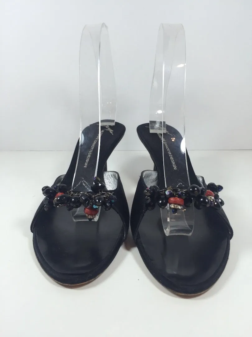 GIUSEPPE ZANOTTI Black Sandal Heels with Beading on Toe Strap Size 9