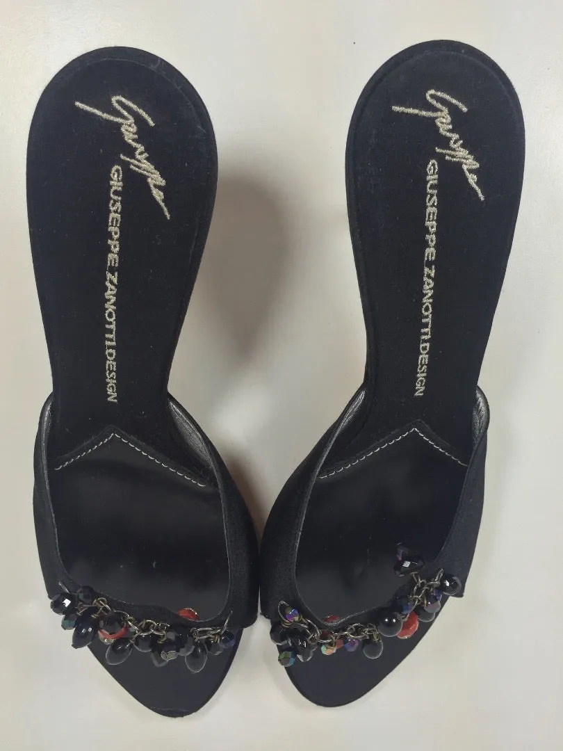 GIUSEPPE ZANOTTI Black Sandal Heels with Beading on Toe Strap Size 9