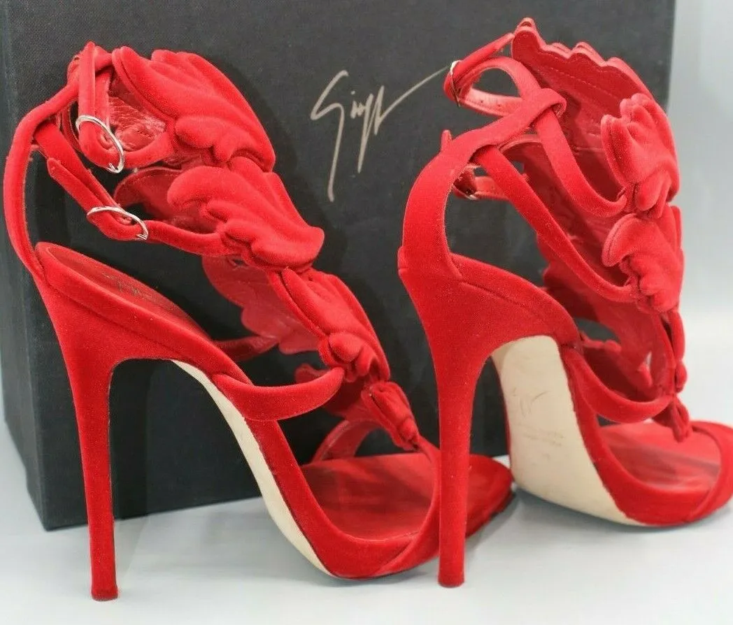 Giuseppe Zanotti Red Coline Winged Velvet Sandals Size 39 / 8