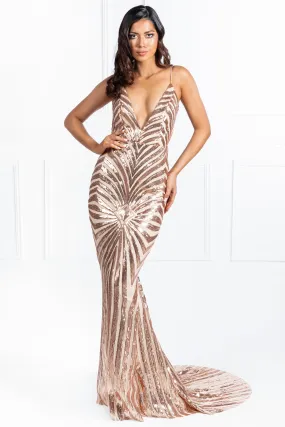 Honey Couture TILDA Gold Low Back Sequin Mermaid Formal Gown Dress