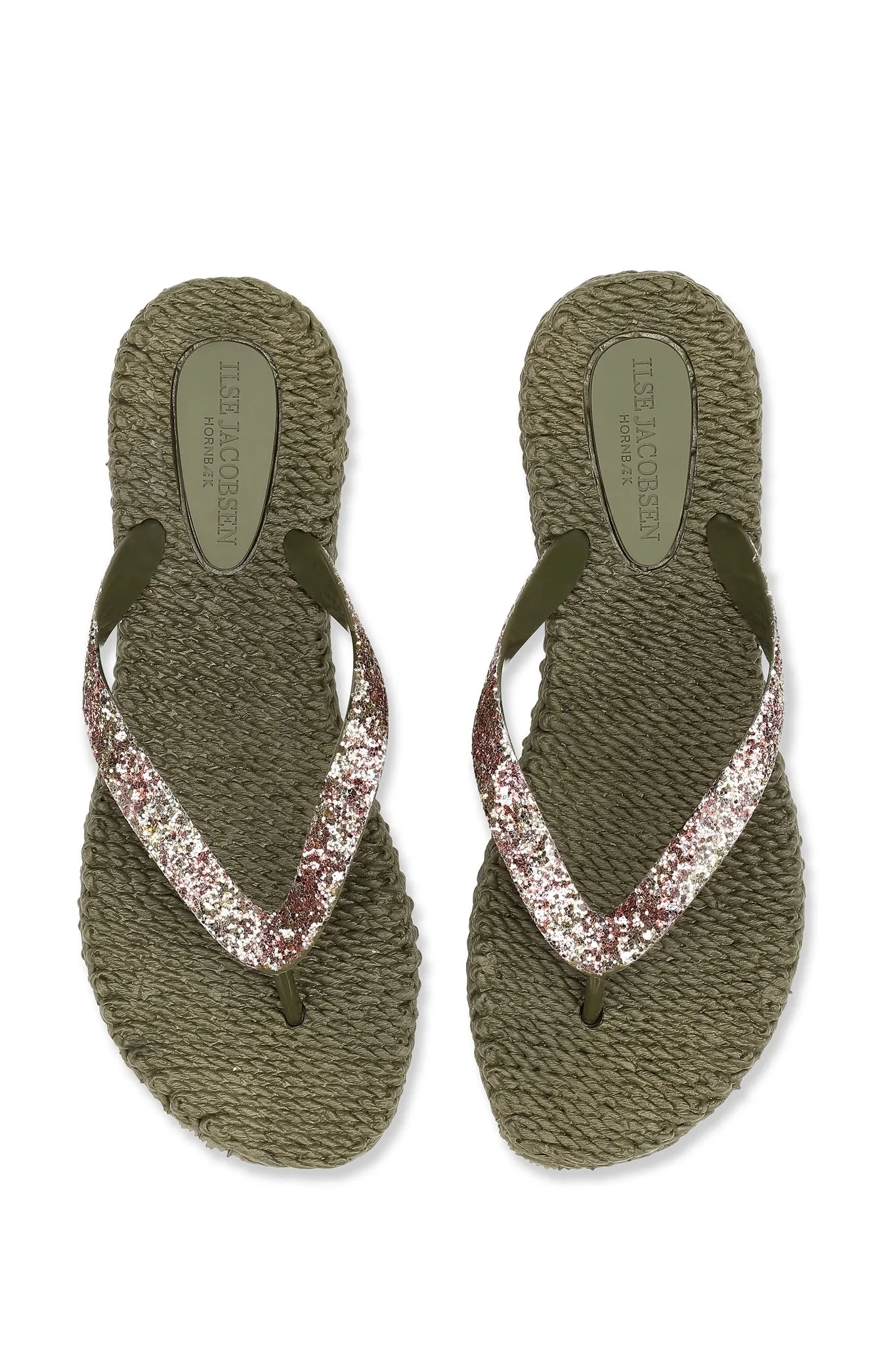 Ilse Jacobsen Flip Flops with Wide Strap in Army Glitter