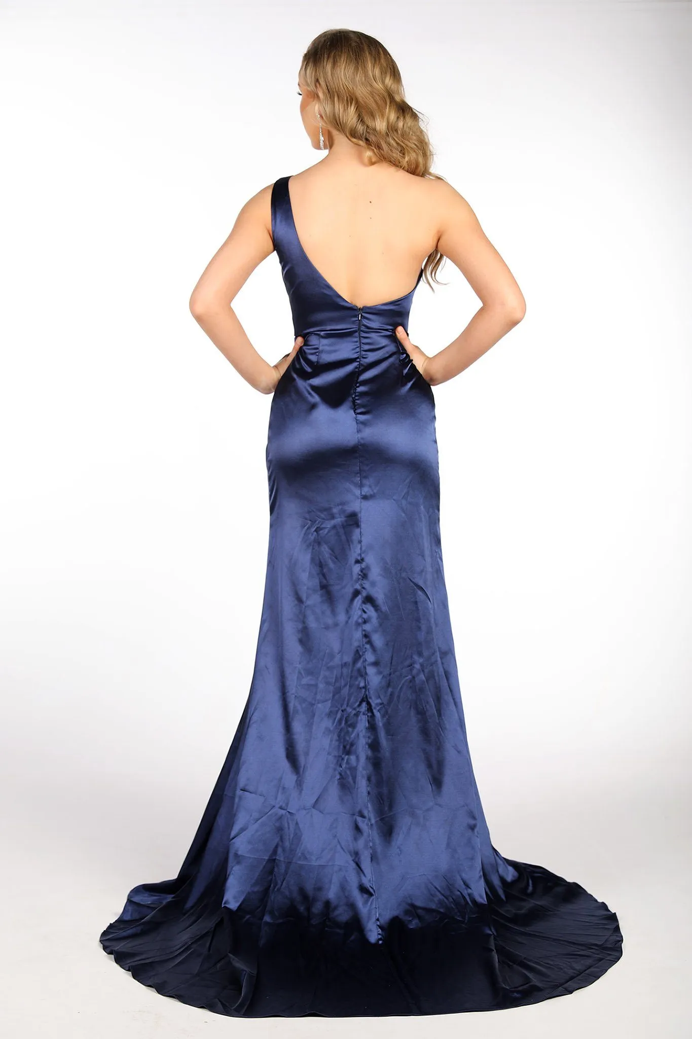 Kendra One Shoulder Satin Gown - Navy