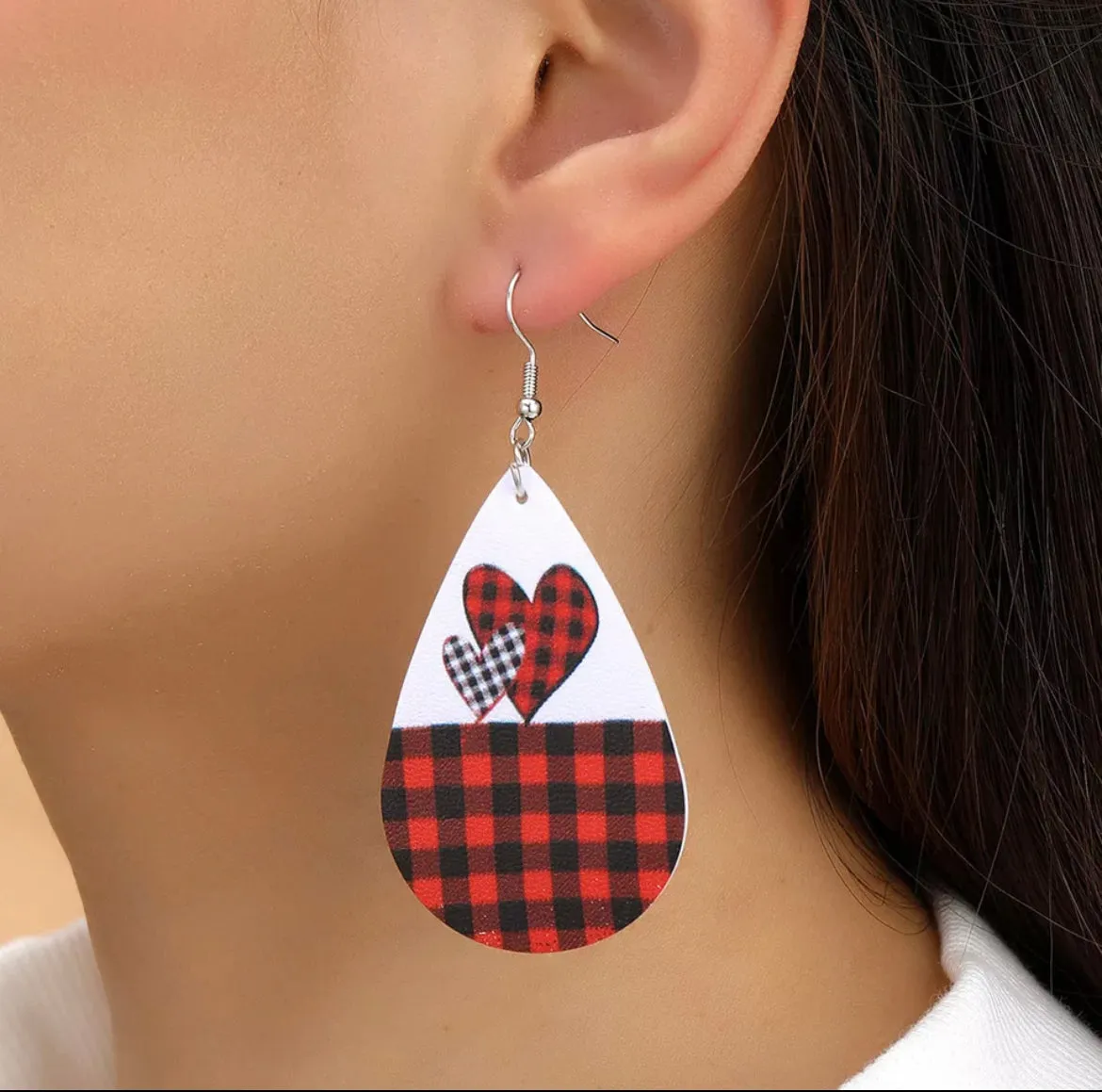 Leather Plaid Hearts Drop Earrings