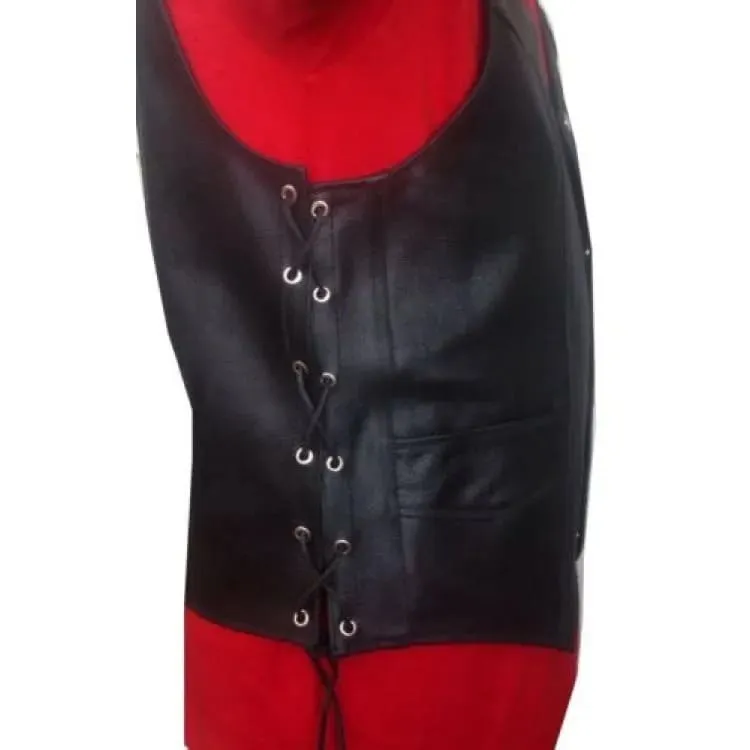 Men's Black Genuine Leather Biker Vest with Side Lacing