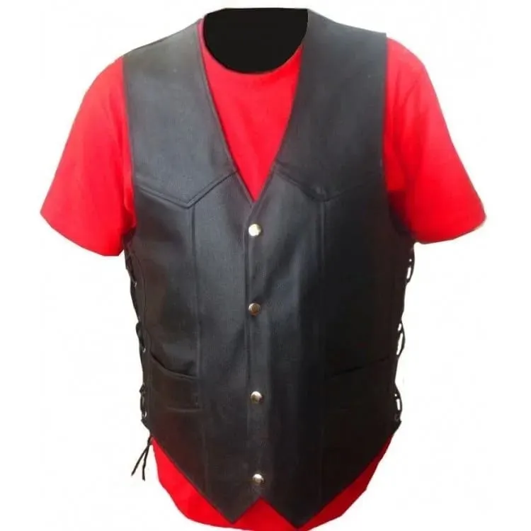 Men's Black Genuine Leather Biker Vest with Side Lacing