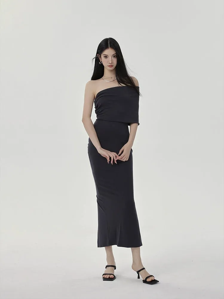 One-Shoulder Ruched Layered Midi Dress