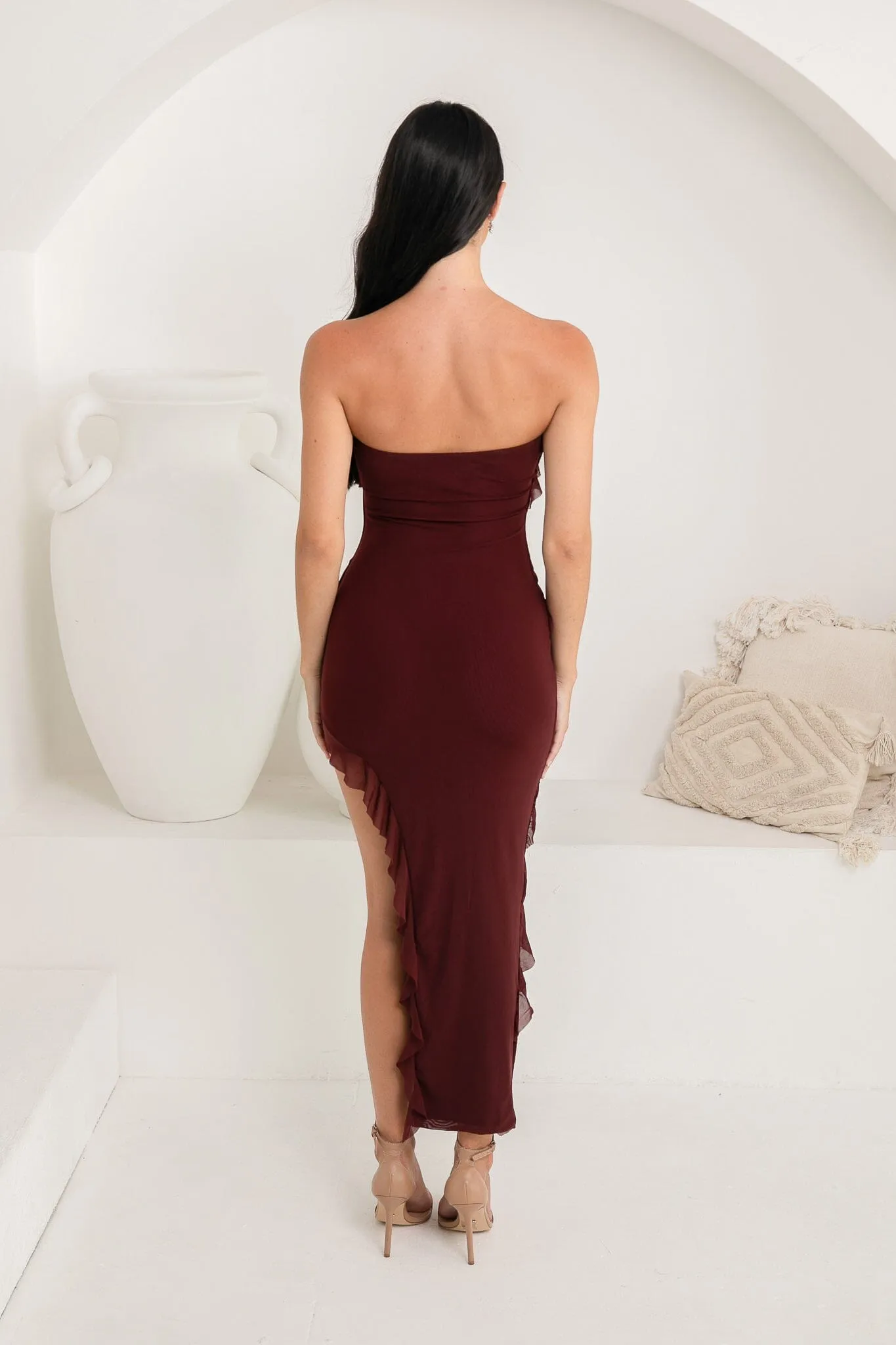 Solita Strapless Frill Detail Maxi Dress - Burgundy