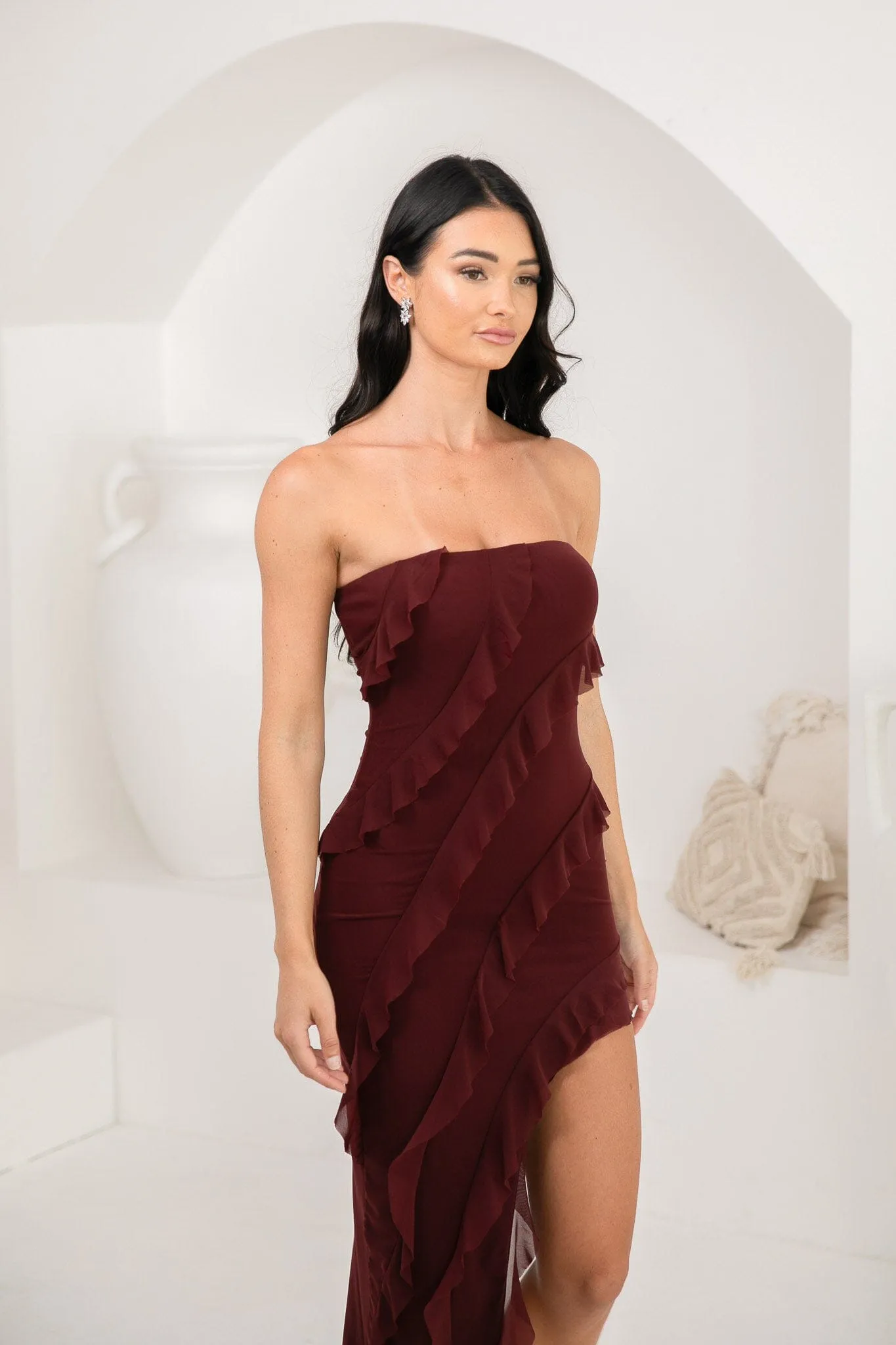 Solita Strapless Frill Detail Maxi Dress - Burgundy