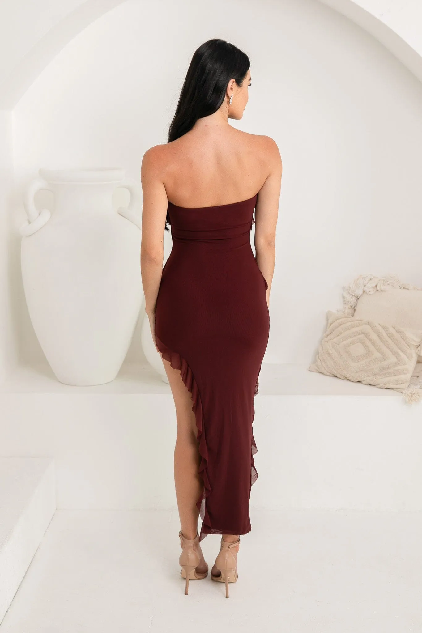 Solita Strapless Frill Detail Maxi Dress - Burgundy