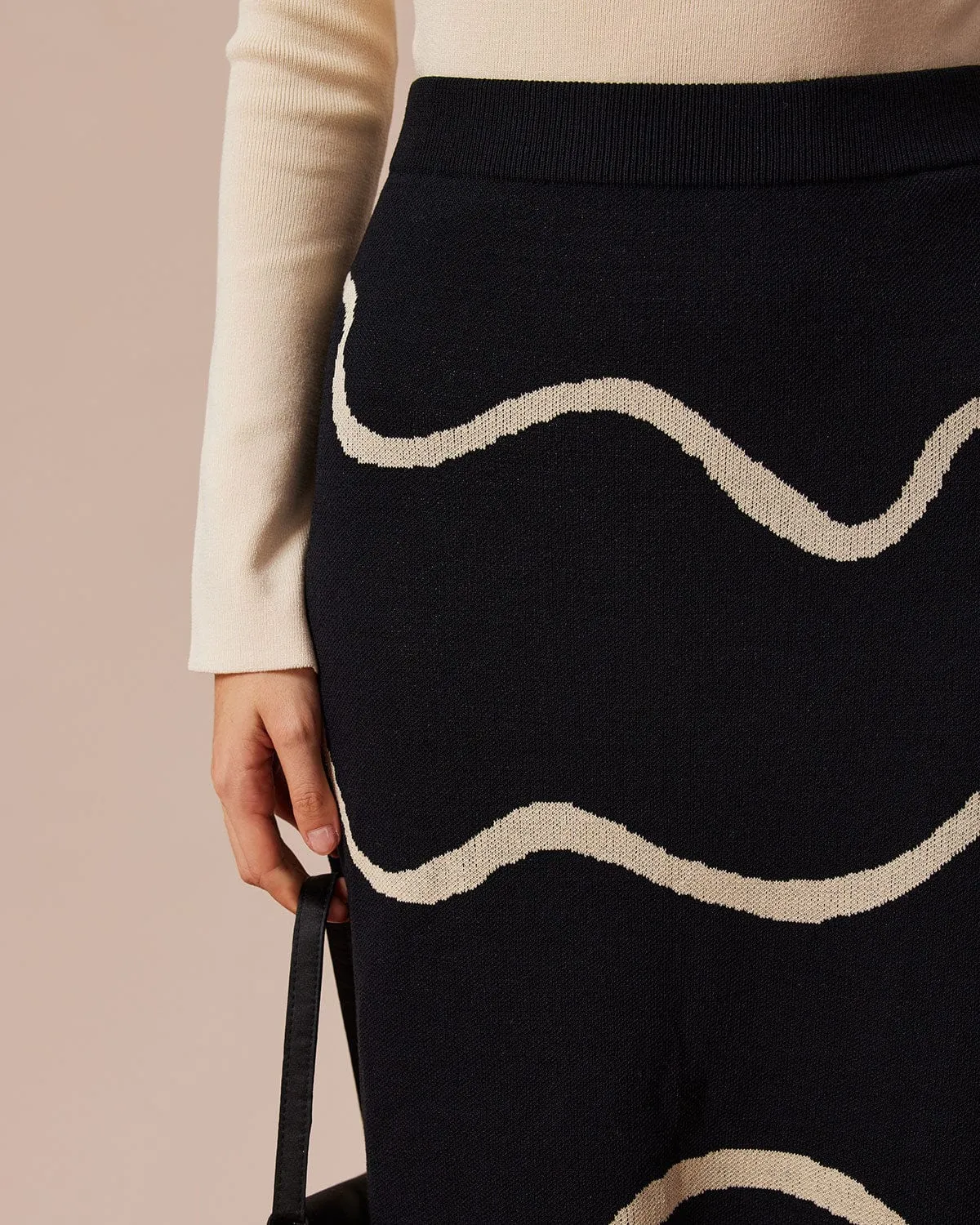 The Black Colorblock Wave Knit Midi Skirt